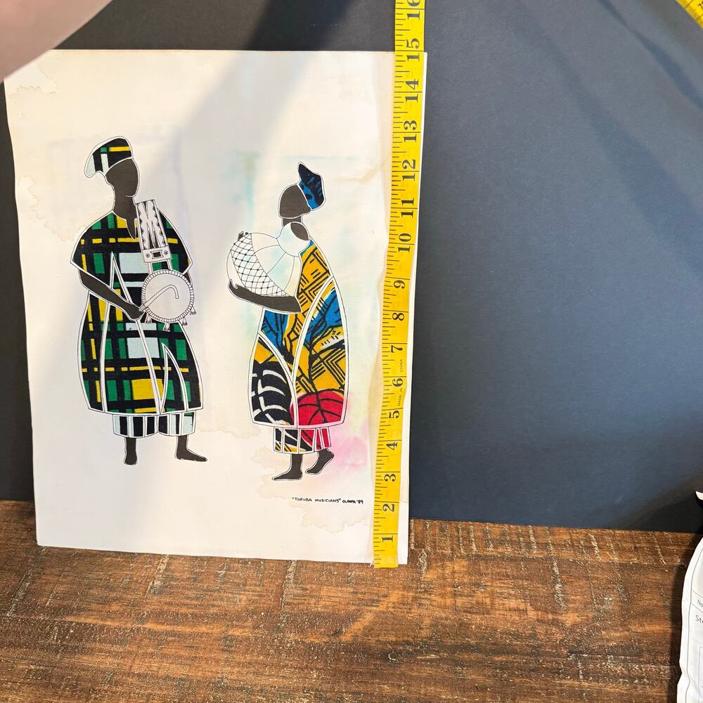 Oladele Olaopa Yoruba Musicians Fabric Collage Signed Art Distressed Bleed - Picture 7 of 8